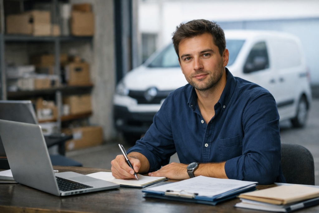 Jeune dirigeant d’entreprise assis à son bureau, préparant un dossier de leasing professionnel avec un utilitaire blanc flou en arrière‑plan — illustration de la réalité terrain de la LLD pour jeunes entreprises.