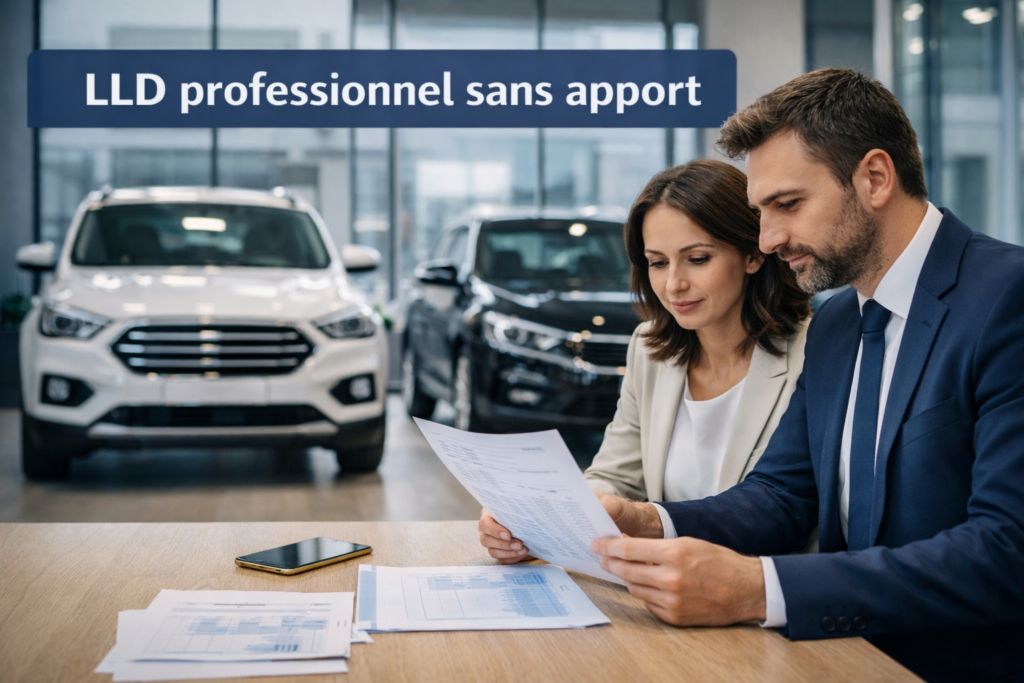 Deux professionnels analysent un contrat de leasing automobile dans un bureau moderne, illustrant la LLD professionnel sans apport pour entreprises.