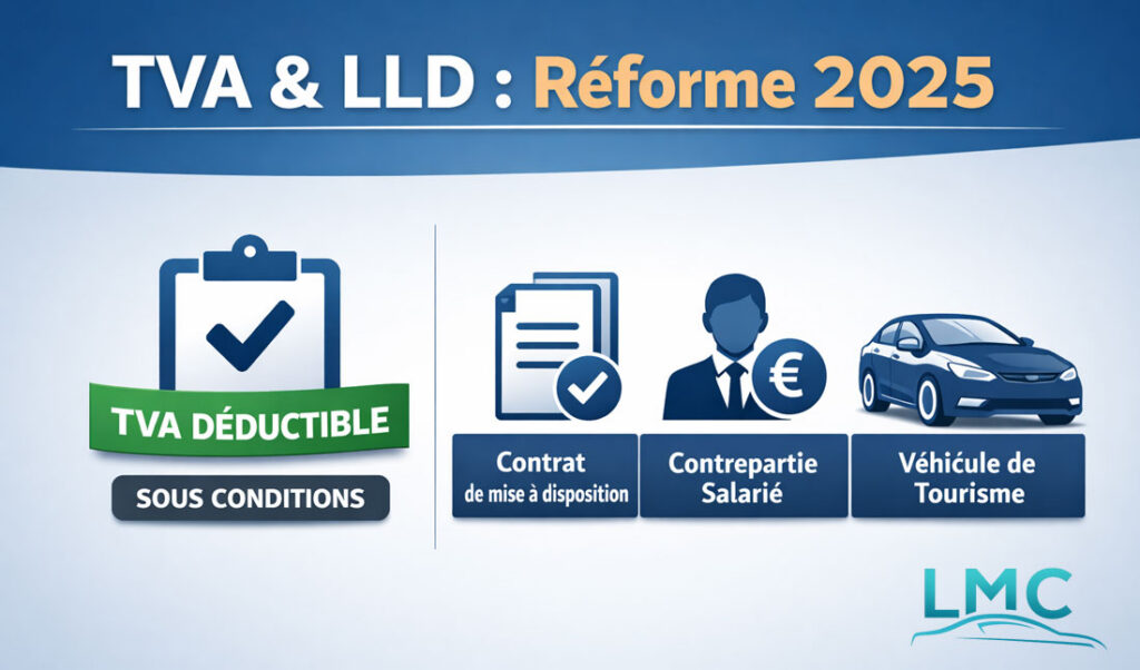 Infographie expliquant la réforme TVA 2025 pour la LLD : conditions de déductibilité, mise à disposition salarié, contrepartie et véhicule de tourisme.