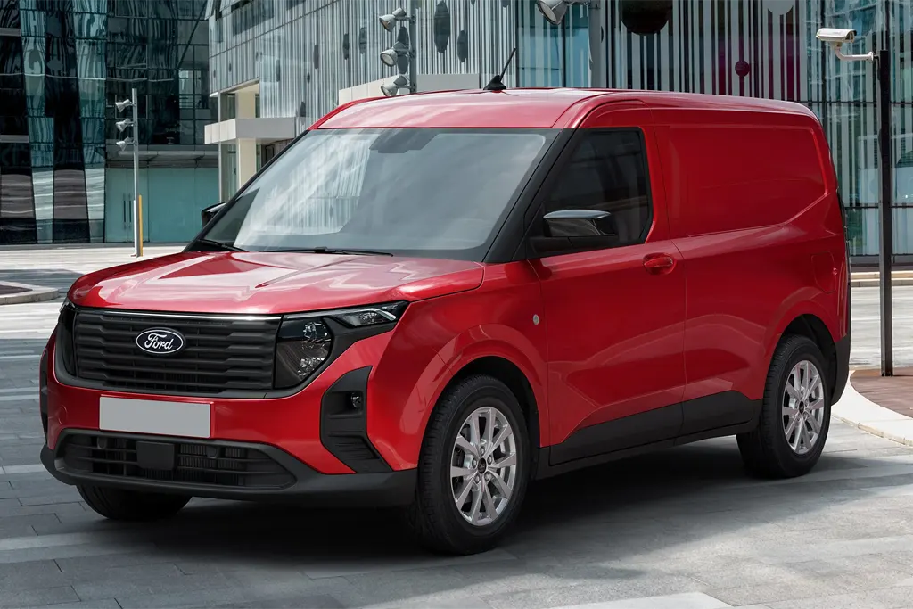 Nouveau Ford Transit Courier 1.5
EcoBlue 102 ch rouge, fourgonnette utilitaire en LLD sans apport sur Louermoinscher, vue avant et latérale