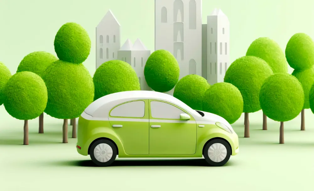 Voiture verte au milieu des arbres, représentant la voiture écologique en LLD